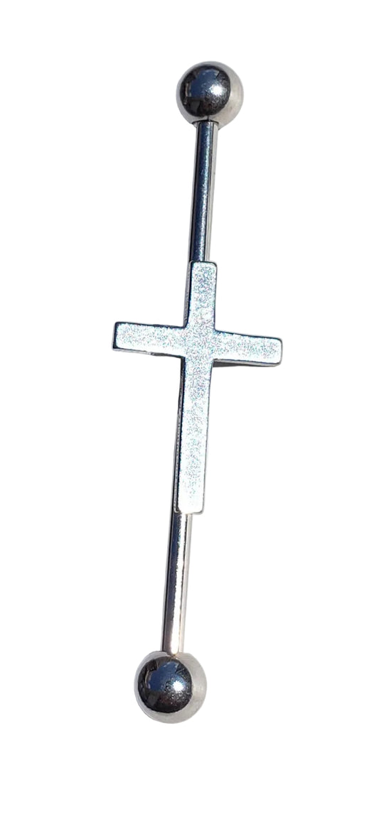 Basic Cross Industrial Ear Barbell in 316l stainless steel vertical view
