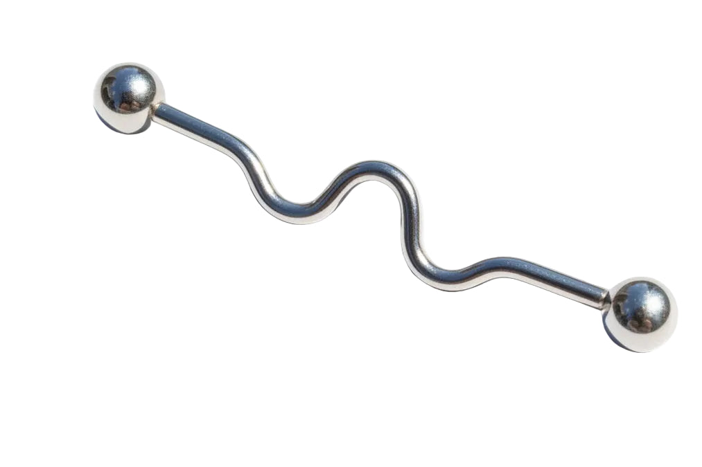 Curvy Industrial Ear Barbell in 316l stainless steel close up detail
