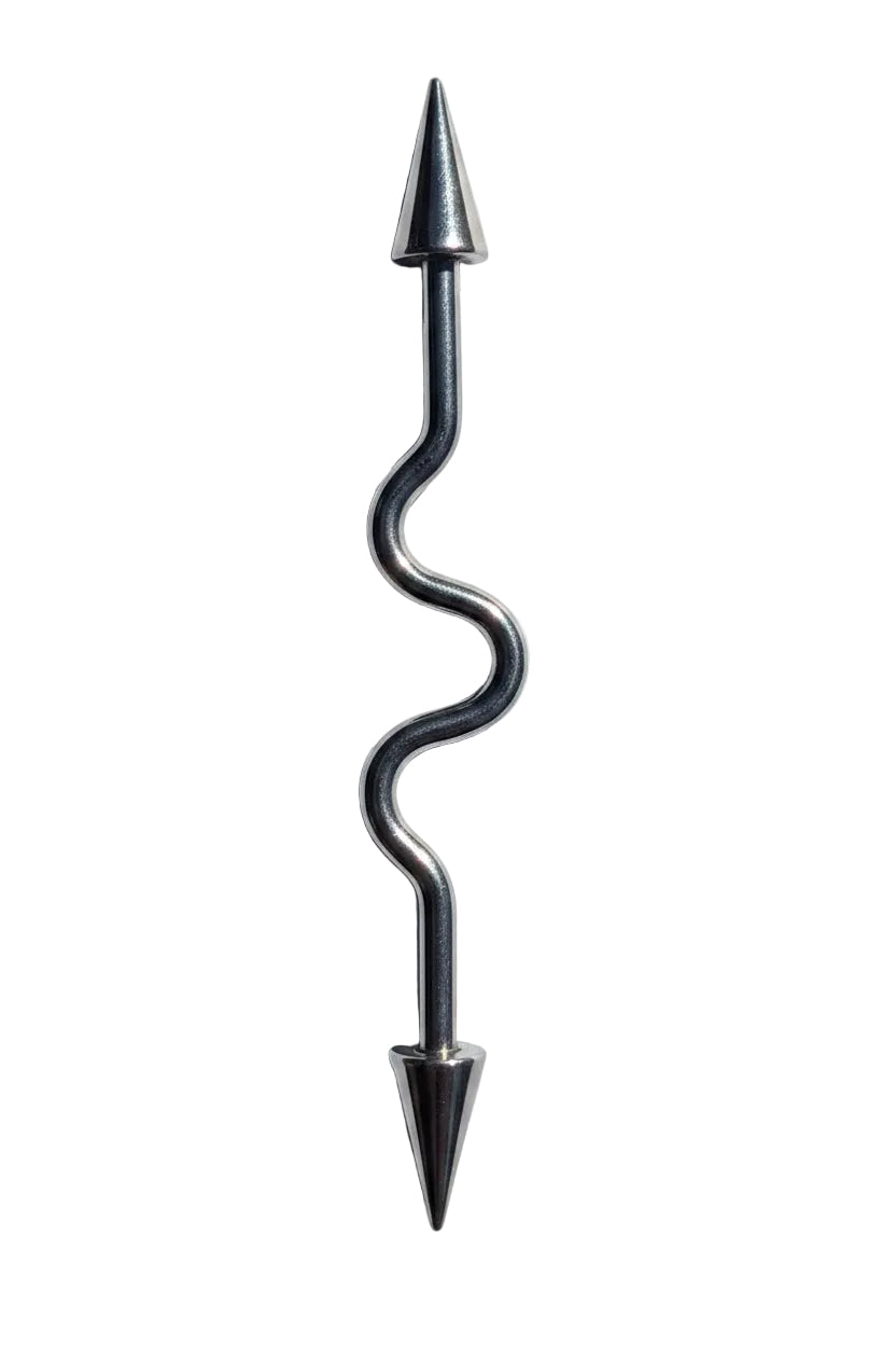 Curvy Spiked Industrial Ear Barbell in 316l stainless steel vertical angle