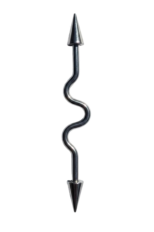 Curvy Spiked Industrial Ear Barbell in 316l stainless steel vertical angle
