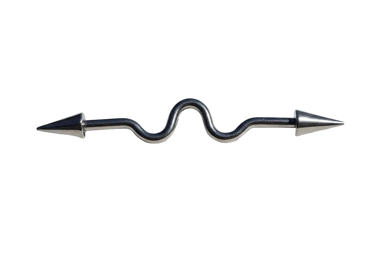 Curvy Spiked Industrial Ear Barbell in 316l stainless steel horizonal angle