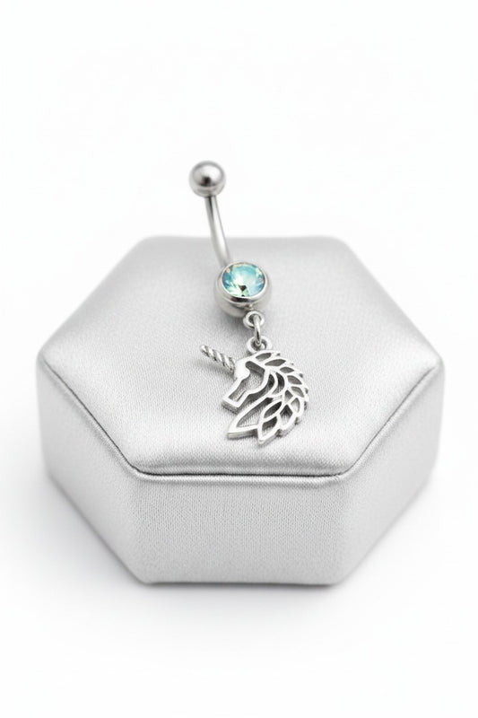 Aurora Crystal Unicorn Belly Button Ring in 316l stainless steel on a silver silk jewelry display.
