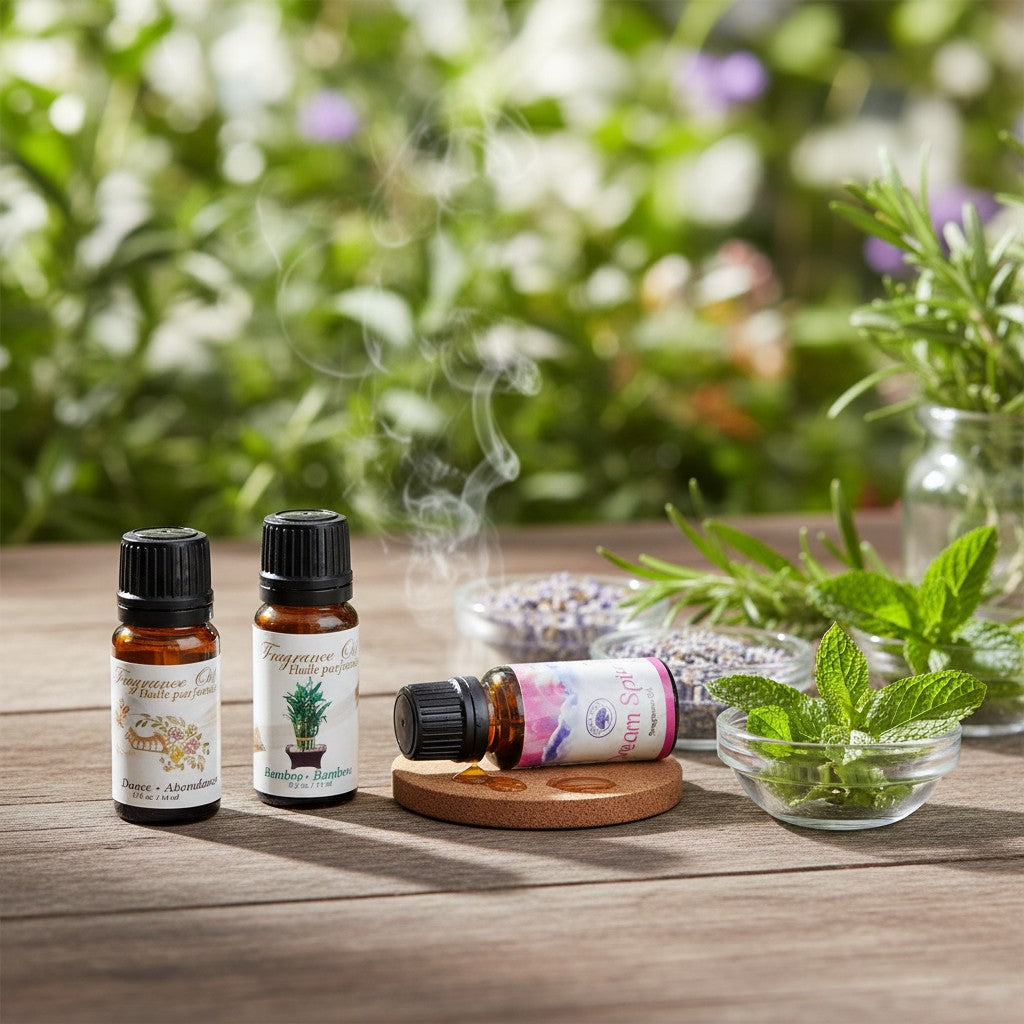 Dream of Abundance Essential Oil Blends 3 Pack Special on a wooden table in an outdoor herb garden.