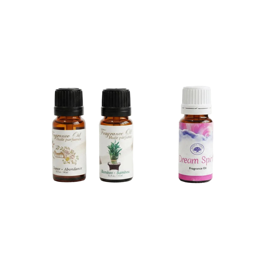 Dream of Abundance Essential Oil Blends 3 Pack Special on a white background close up detail.