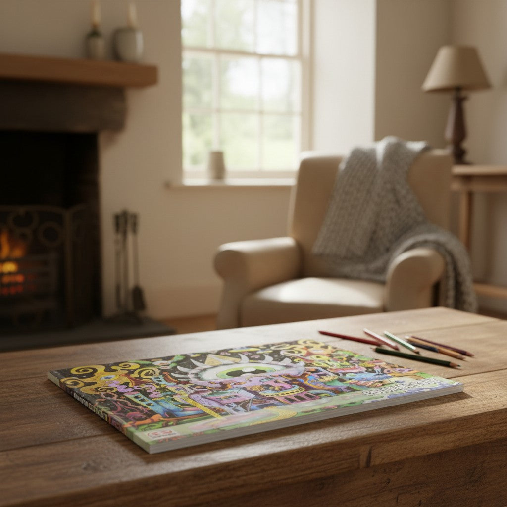 Dunkees Trippy Psychedelic Adventures Mentally Relaxing Adult Coloring Book on a wooden table sitting next to art supplies in a cozy living room setting.