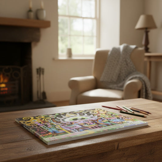 Dunkees Trippy Psychedelic Adventures Mentally Relaxing Adult Coloring Book on a wooden table sitting next to art supplies in a cozy living room setting.