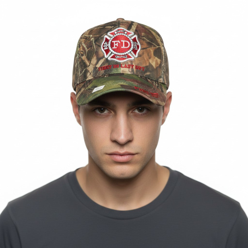 First In Last Out - Fire Department Logo Adjustable Camouflage Baseball Cap with a white background on a male model front profile.