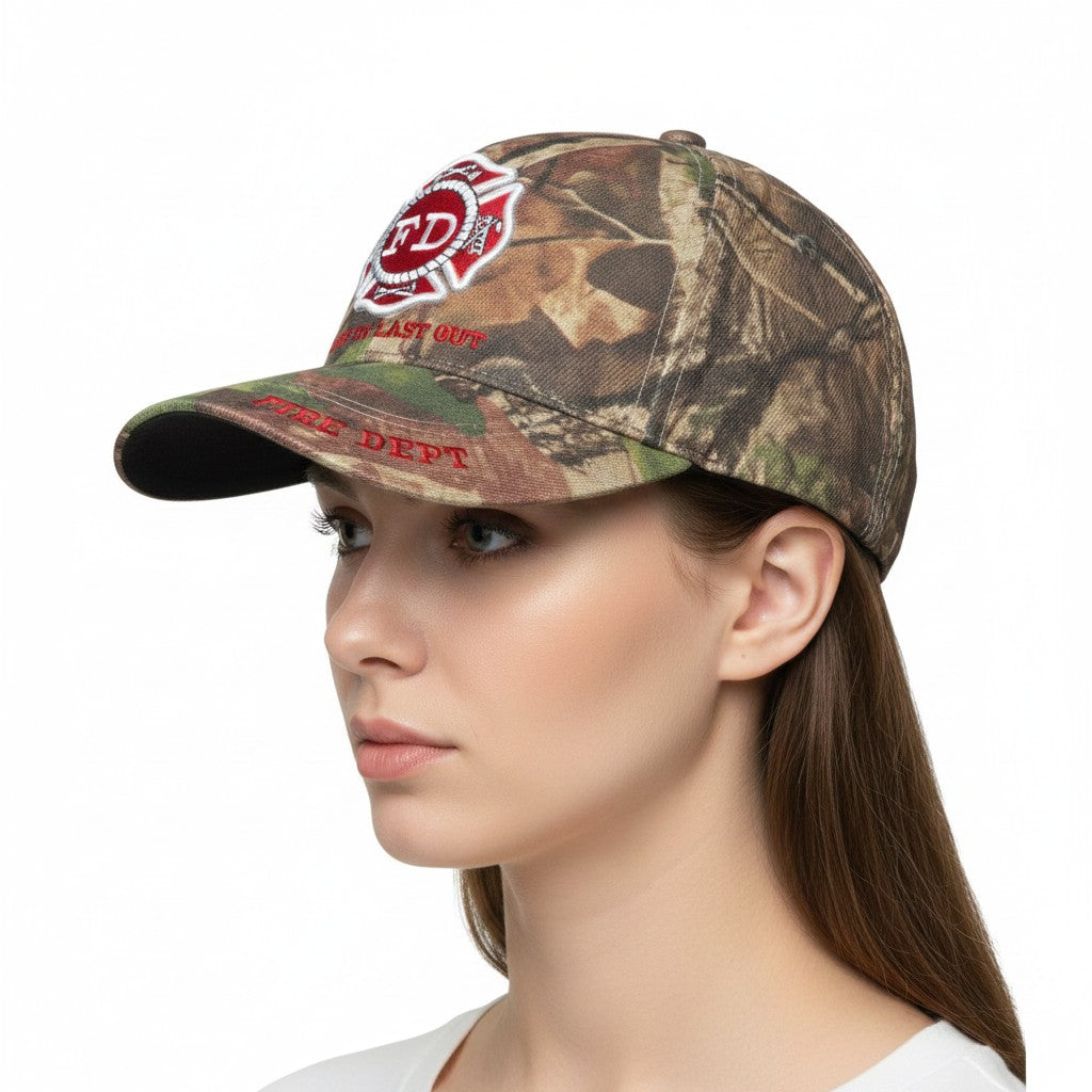 First In Last Out - Fire Department Logo Adjustable Camouflage Baseball Cap with a white background on a female model side profile.