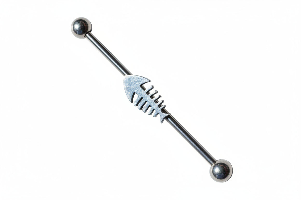 Fishbone Industrial Ear Barbell in 316l stainless steel angled left view