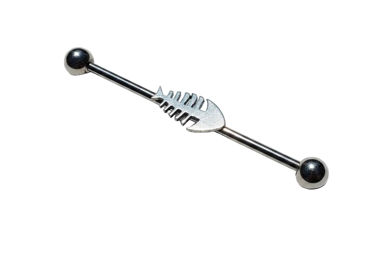 Fishbone Industrial Ear Barbell in 316l stainless steel close up detail