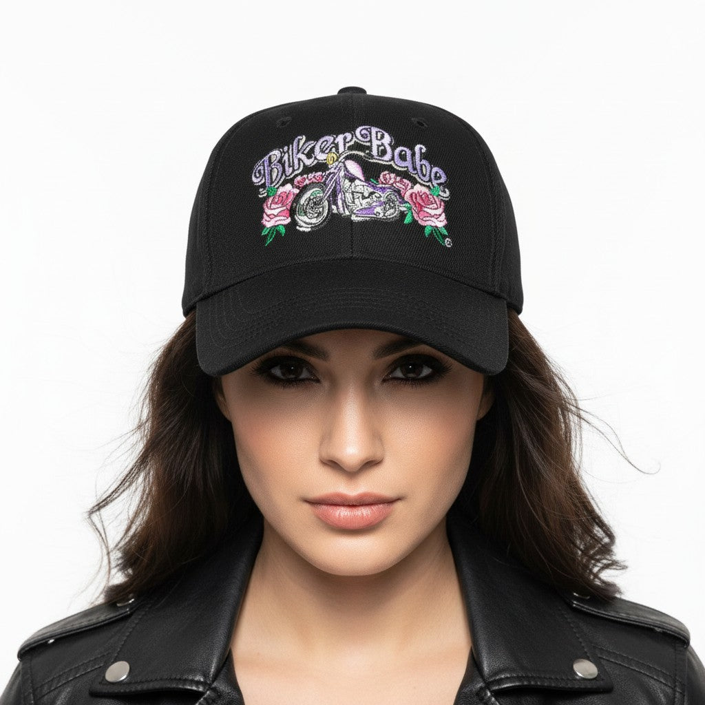 Floral Biker Babe Adjustable Black Baseball Cap with a white background on a female model front profile.