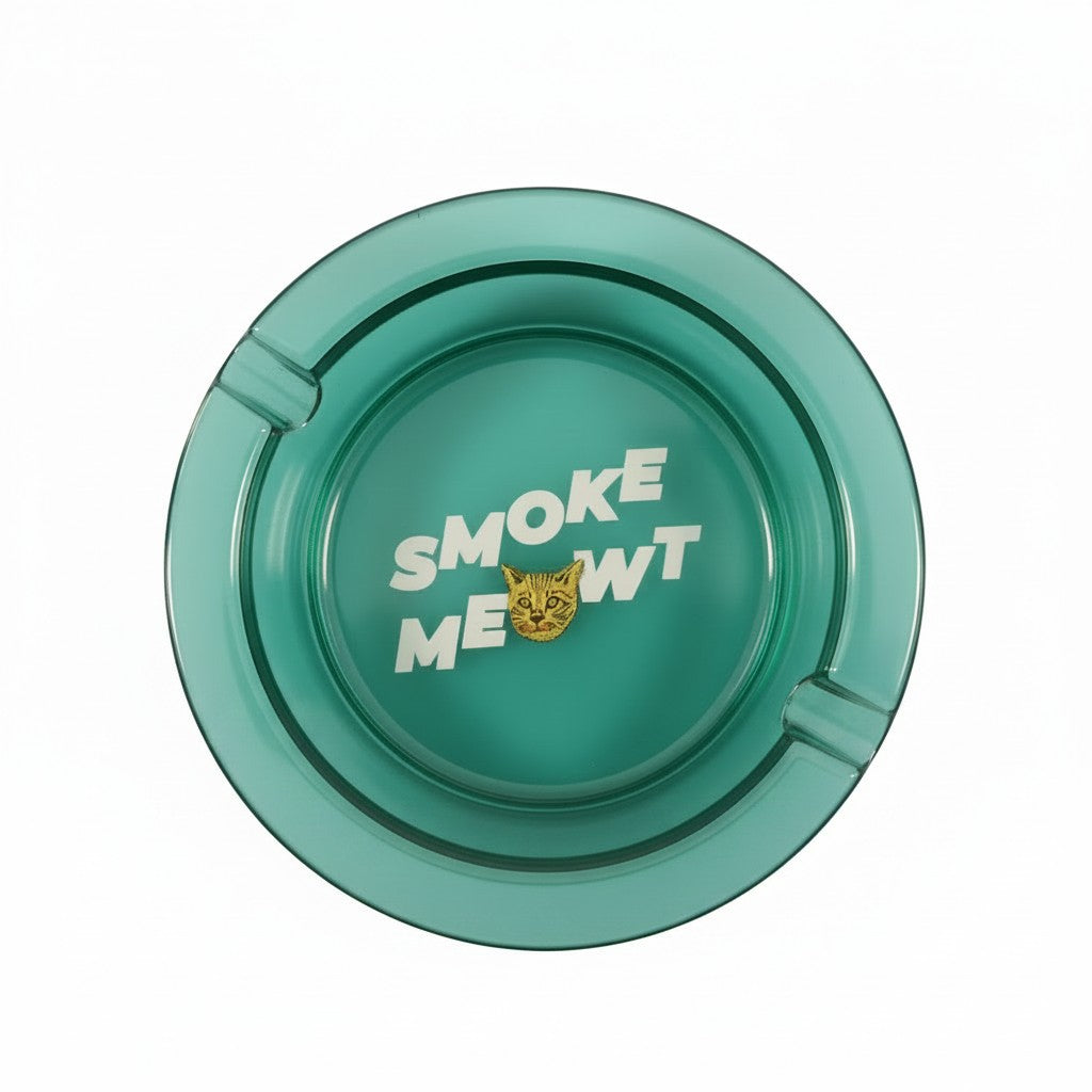 Funny Cat Face "Smoke Meowt" 3 Inch Glass Ashtray on a white background showing close up design detail.