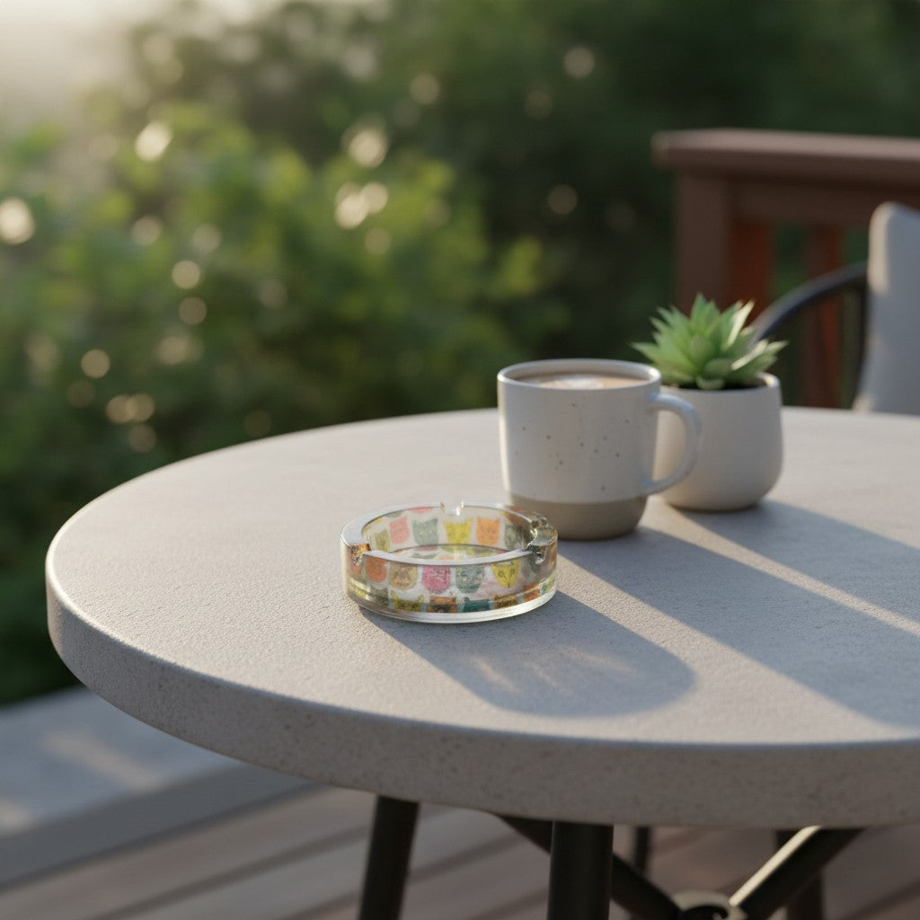 Funny Multi-Cat "Smoke Meowt" 3 Inch Glass Ashtray on a back yard patio table sitting next to a cup of coffee with a flower garden in the background.