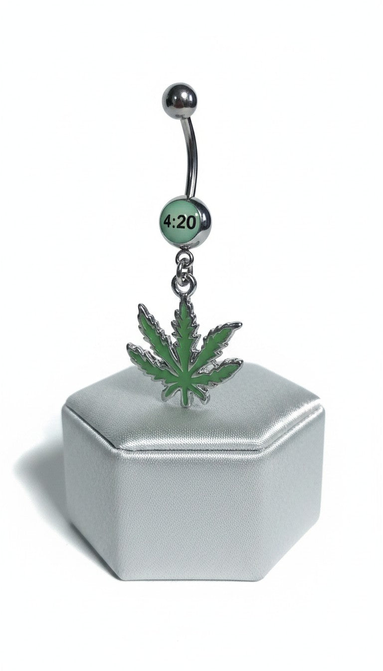 420 Green Leaf Belly Button Ring in 316l stainless steel on a silver jewelry display upright position.
