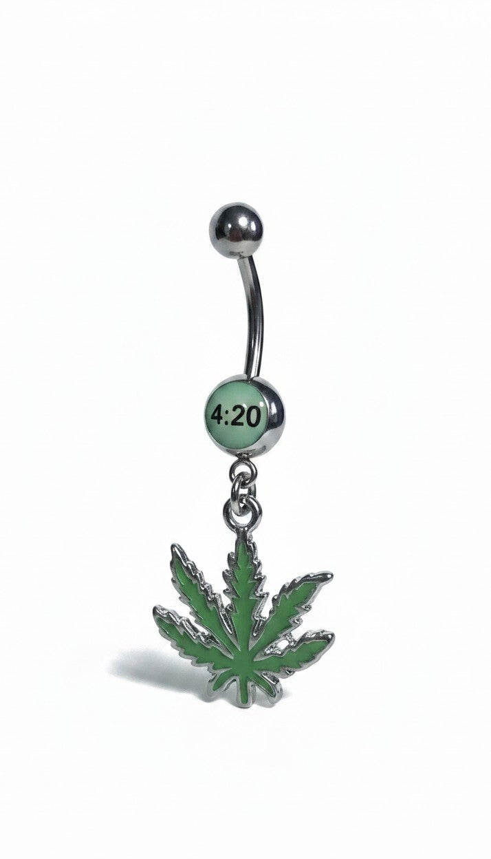 420 Green Leaf Belly Button Ring in 316l stainless steel on a white background.