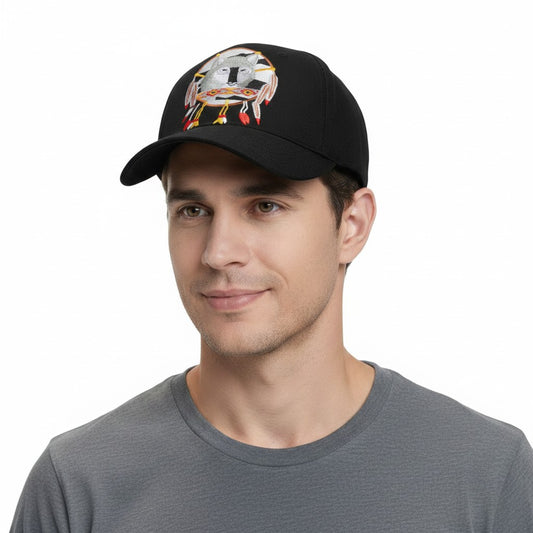 Grey Wolf with Dreamcatcher Adjustable Black Baseball Cap with a white background on a male model front profile.