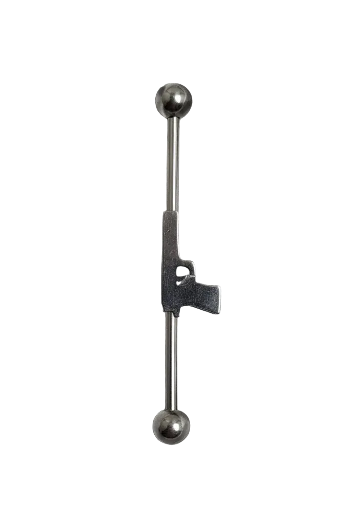 Handgun Industrial Ear Barbell  in 316l stainless steel right side view