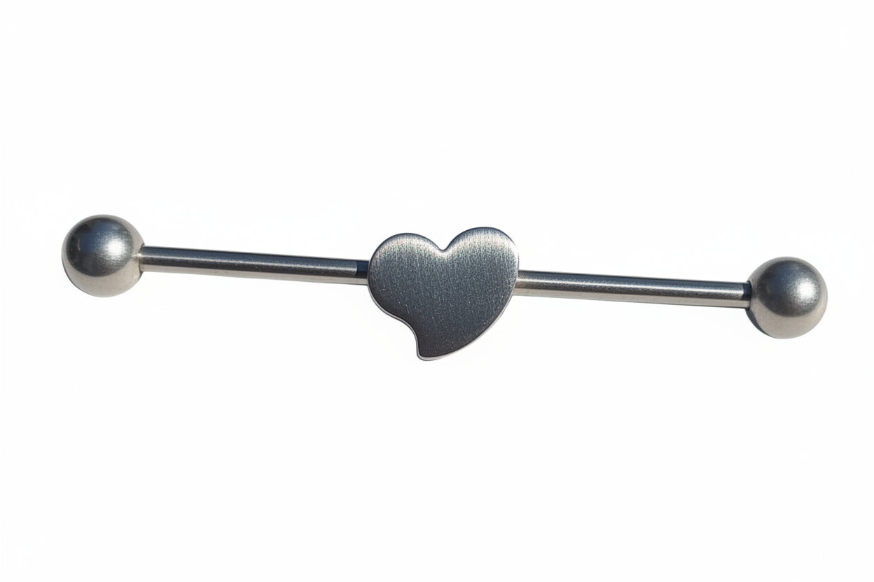 Heart Industrial Ear Barbell in 316l stainless steel close up detail