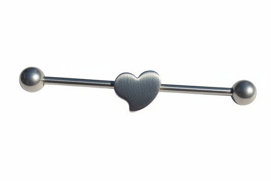 Heart Industrial Ear Barbell in 316l stainless steel close up detail