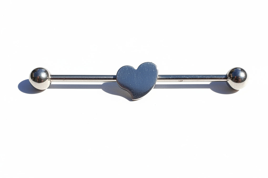 Heart Industrial Ear Barbell in 316l stainless steel horizontal view