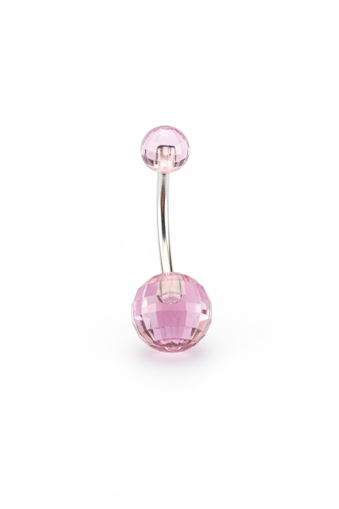Purple Acrylic Disco Ball Belly Button Ring in 316l stainless steel close up detail.