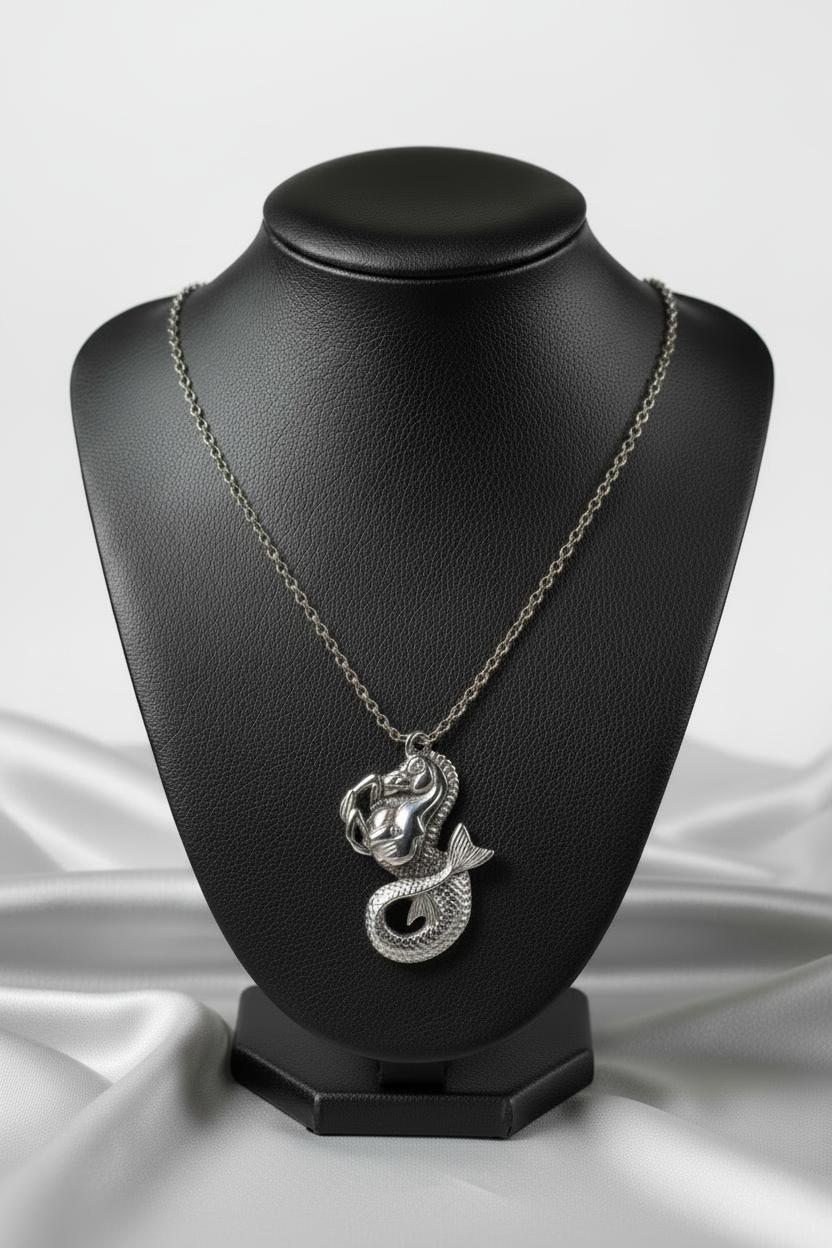 Hippocampus Steel Chain Necklace in 316l stainless steel on a black bust.