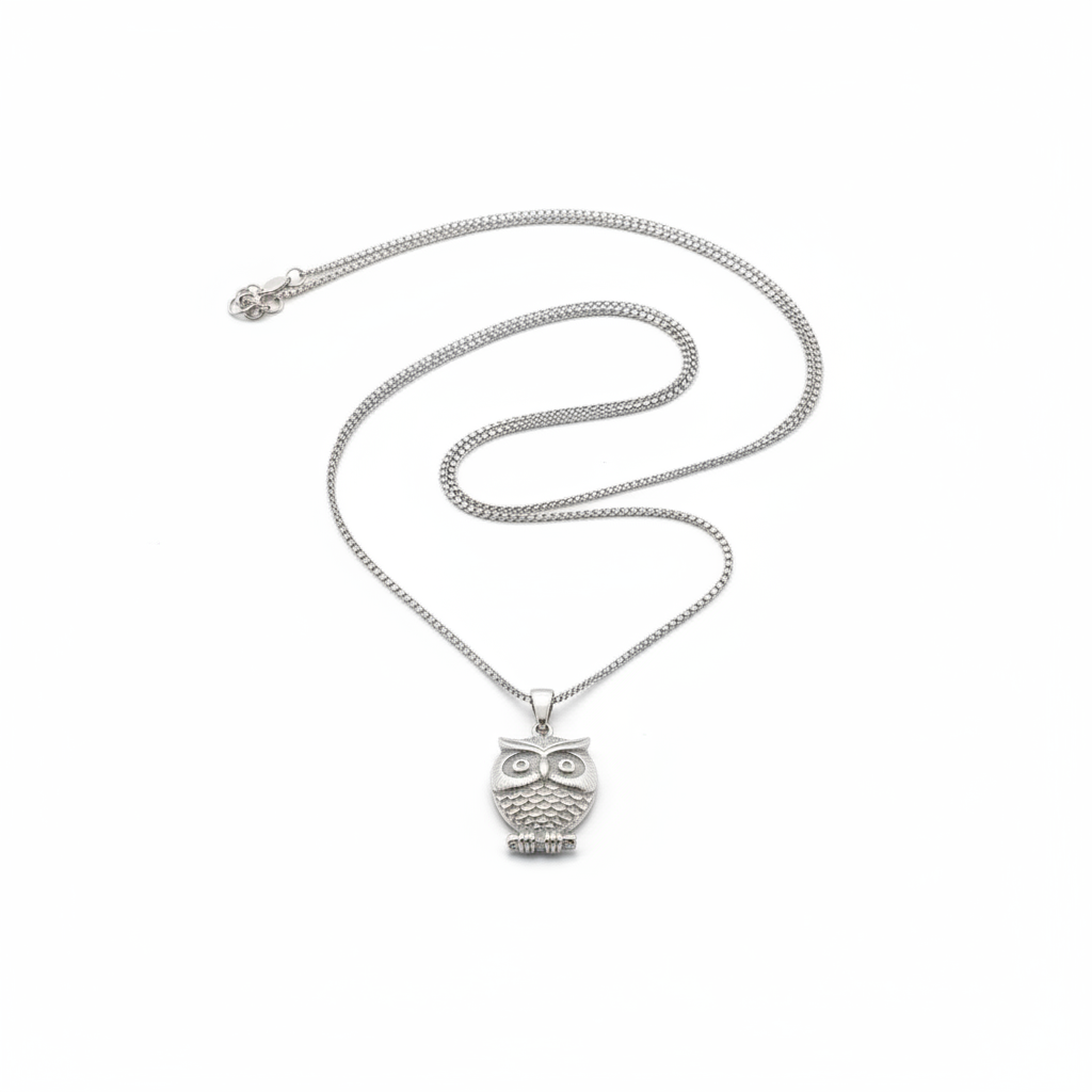 Perched Owl Steel Chain Necklace in 316l stainless steel.