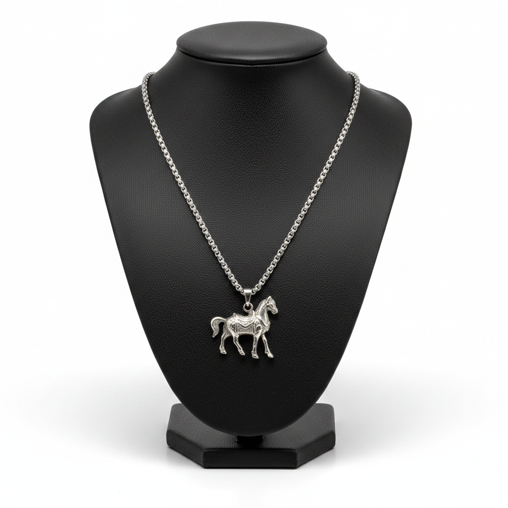 Quarter Horse Steel Chain Necklace in 316l stainless steel on a black bust with a white background.