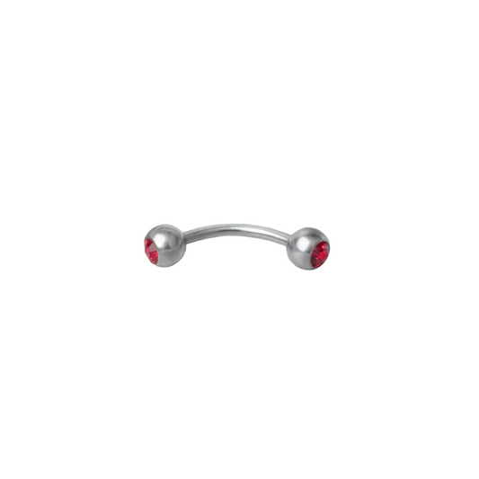 Red Crystal Ball Eyebrow Ring in 316l stainless steel close up detail.