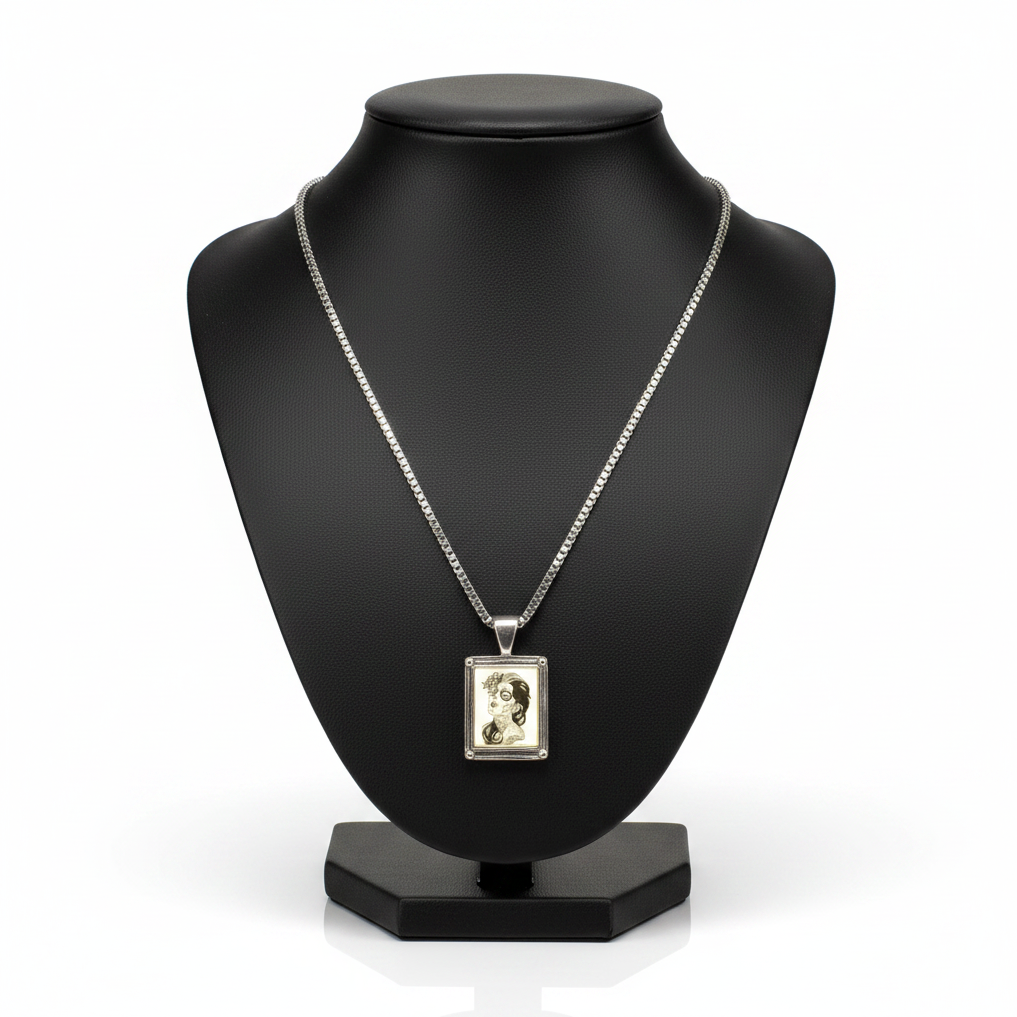 Vintage DOD Girl Steel Chain Necklace in 316l stainless steel on a black bust with a white background.