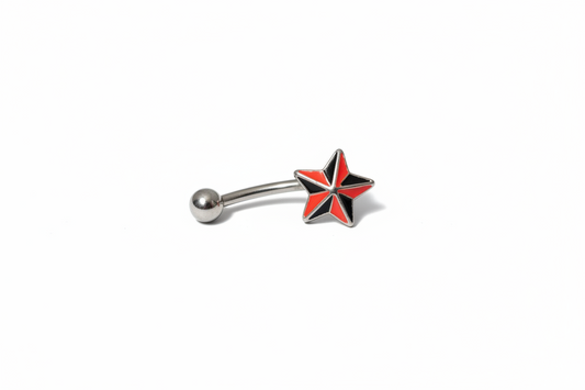 Red and Black Star Eyebrow Ring in 316l stainless steel close up detail.