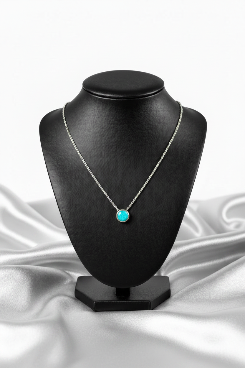 Aqua Opal Steel Chain Necklace in 316l stainless steel on a black bust.