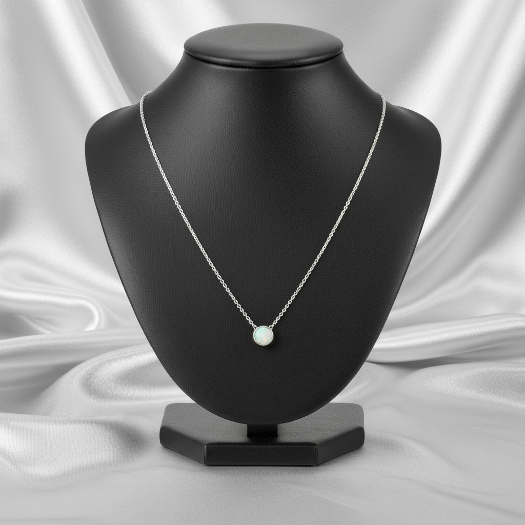 White Opal Steel Chain Necklace in 316l stainless steel on a black bust.