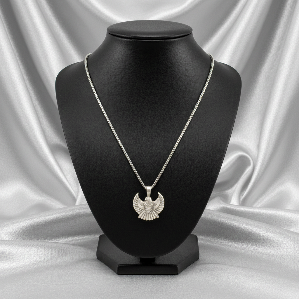Egyptian Scarab Beetle Steel Chain Necklace in 316l stainless steel on a black bust.