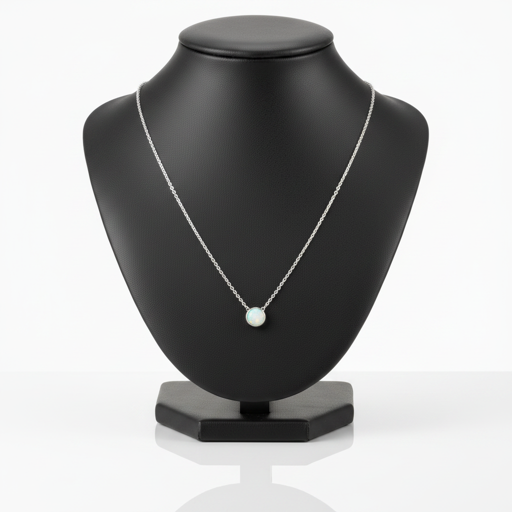 White Opal Steel Chain Necklace in 316l stainless steel on a black bust with a white background.