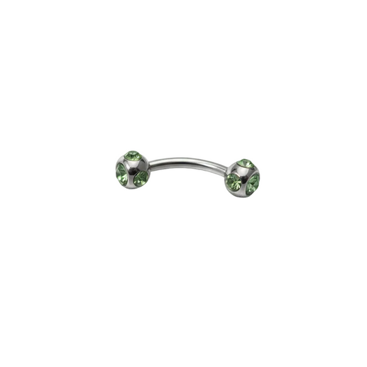 Green Multi-Crystal Eyebrow Ring in 316l stainless steel close up detail.