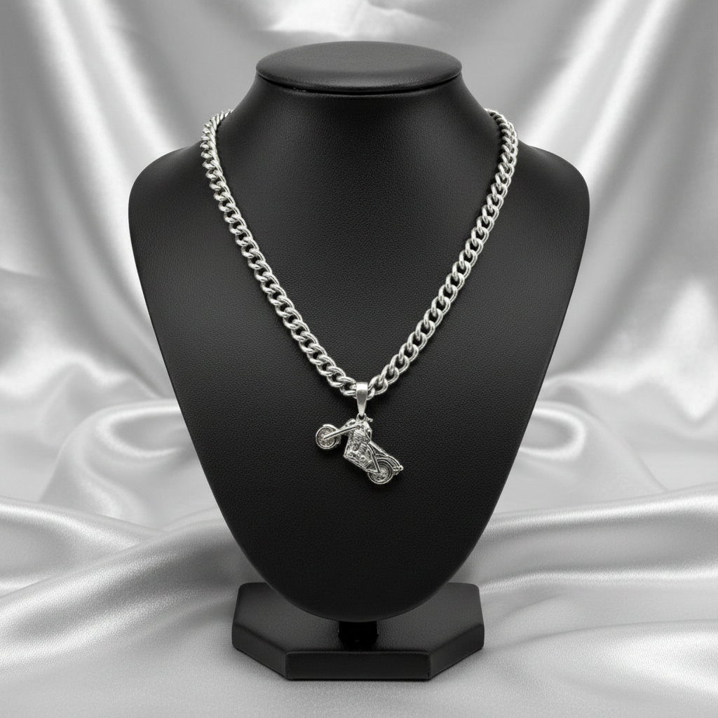Motorbike Steel Chain Necklace in 316l stainless steel on a black bust.