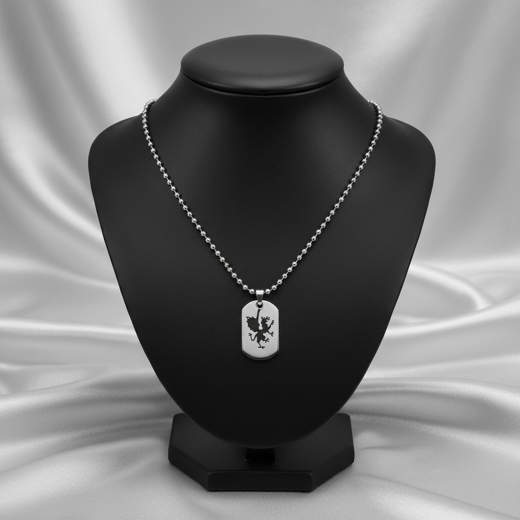 Griffin Dog Tag Steel Chain Necklace in 316l stainless steel on a black bust.