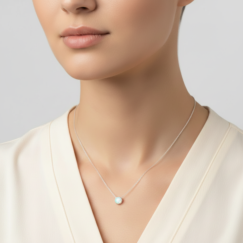 White Opal Steel Chain Necklace in 316l stainless steel on a female model.