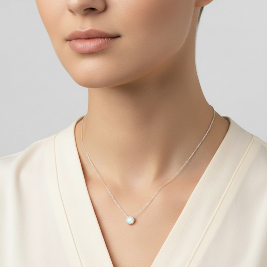 White Opal Steel Chain Necklace in 316l stainless steel on a female model.