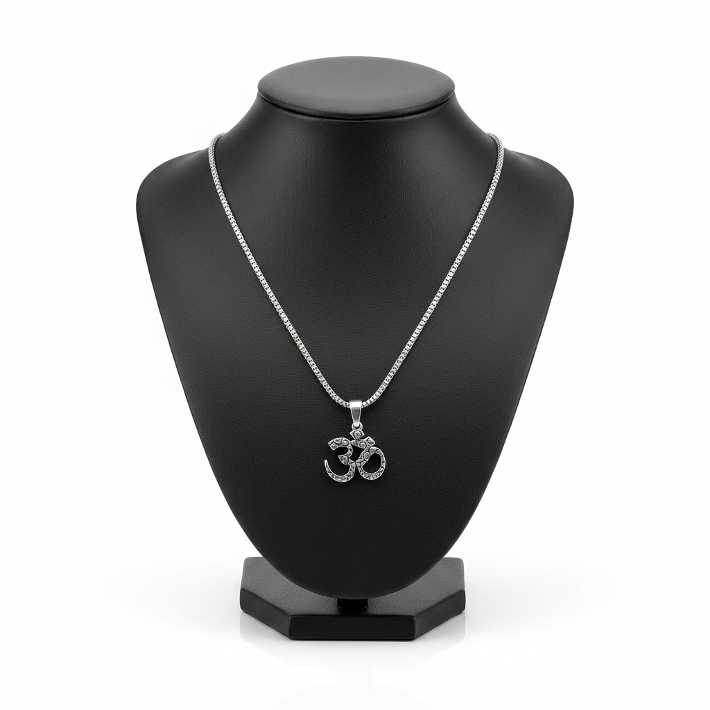 AUM Steel Chain Necklace in 316l stainless steel on a black bust with a white background.