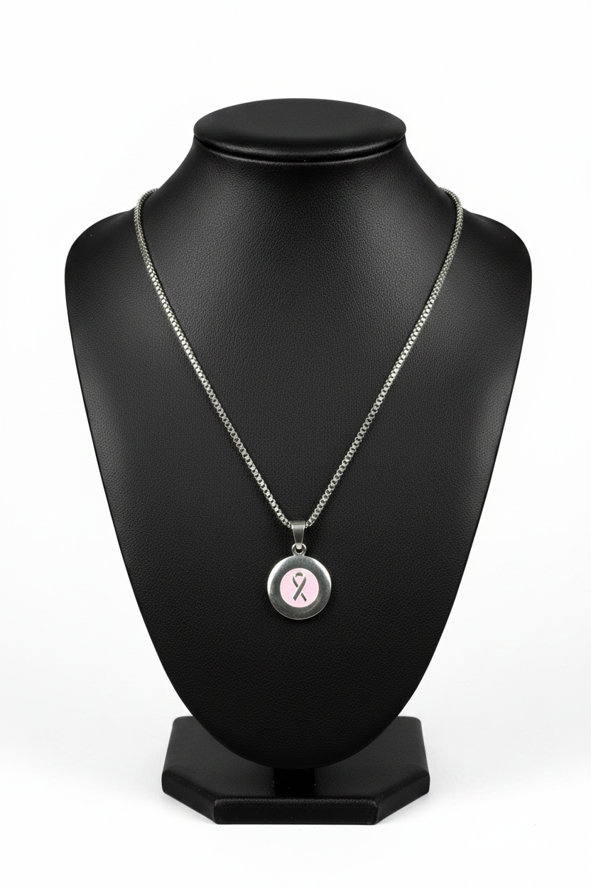 Pink Ribbon Steel Chain Necklace in 316l stainless steel on a black bust with a white background.