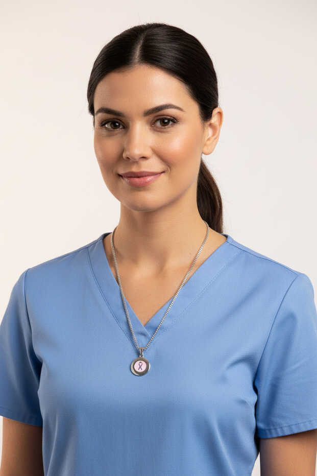 Pink Ribbon Steel Chain Necklace in 316l stainless steel on a female nurse model.