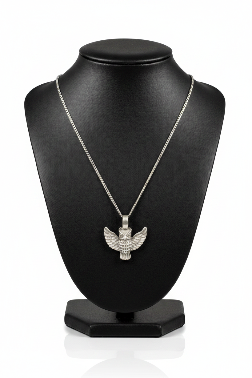 Flying Owl Steel Chain Necklace in 316l stainless steel on a black bust with a white background.