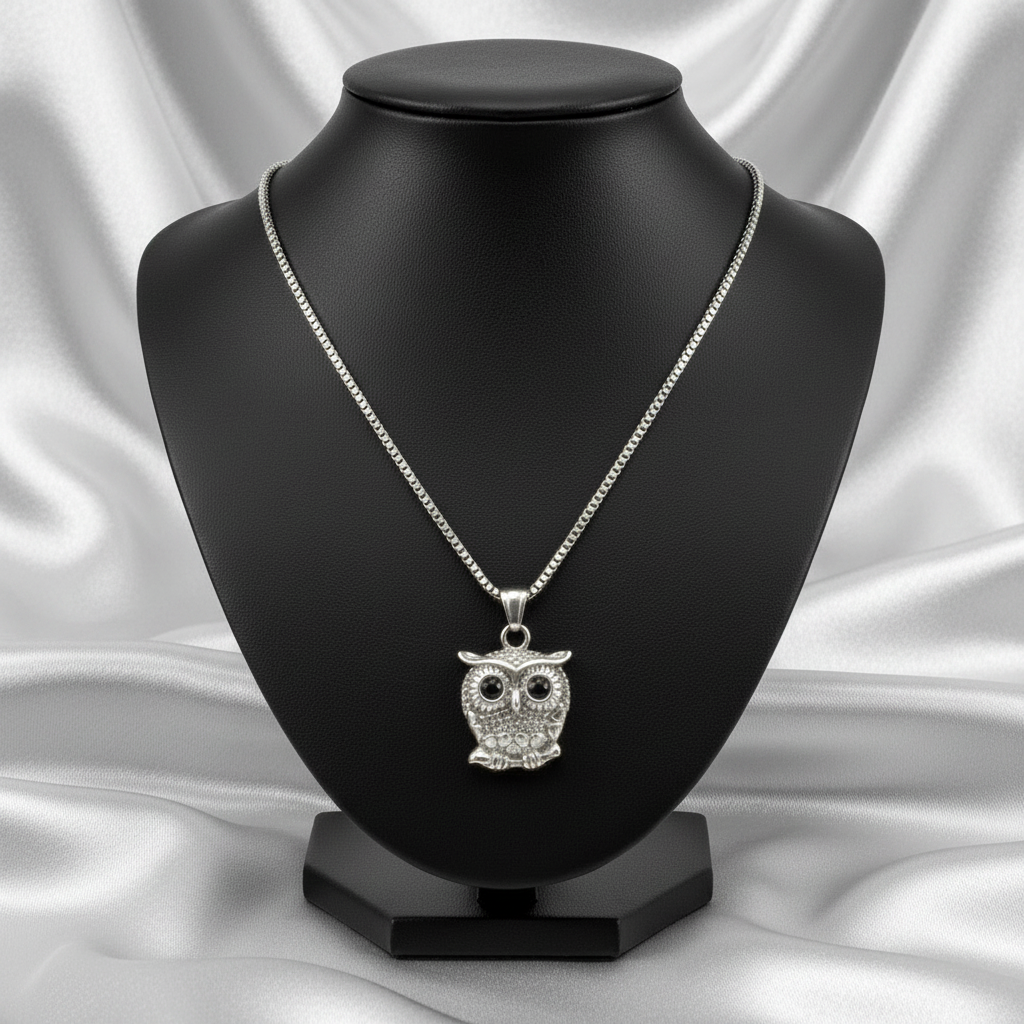 Sitting Owl Steel Chain Necklace in 316l stainless steel on a black bust.