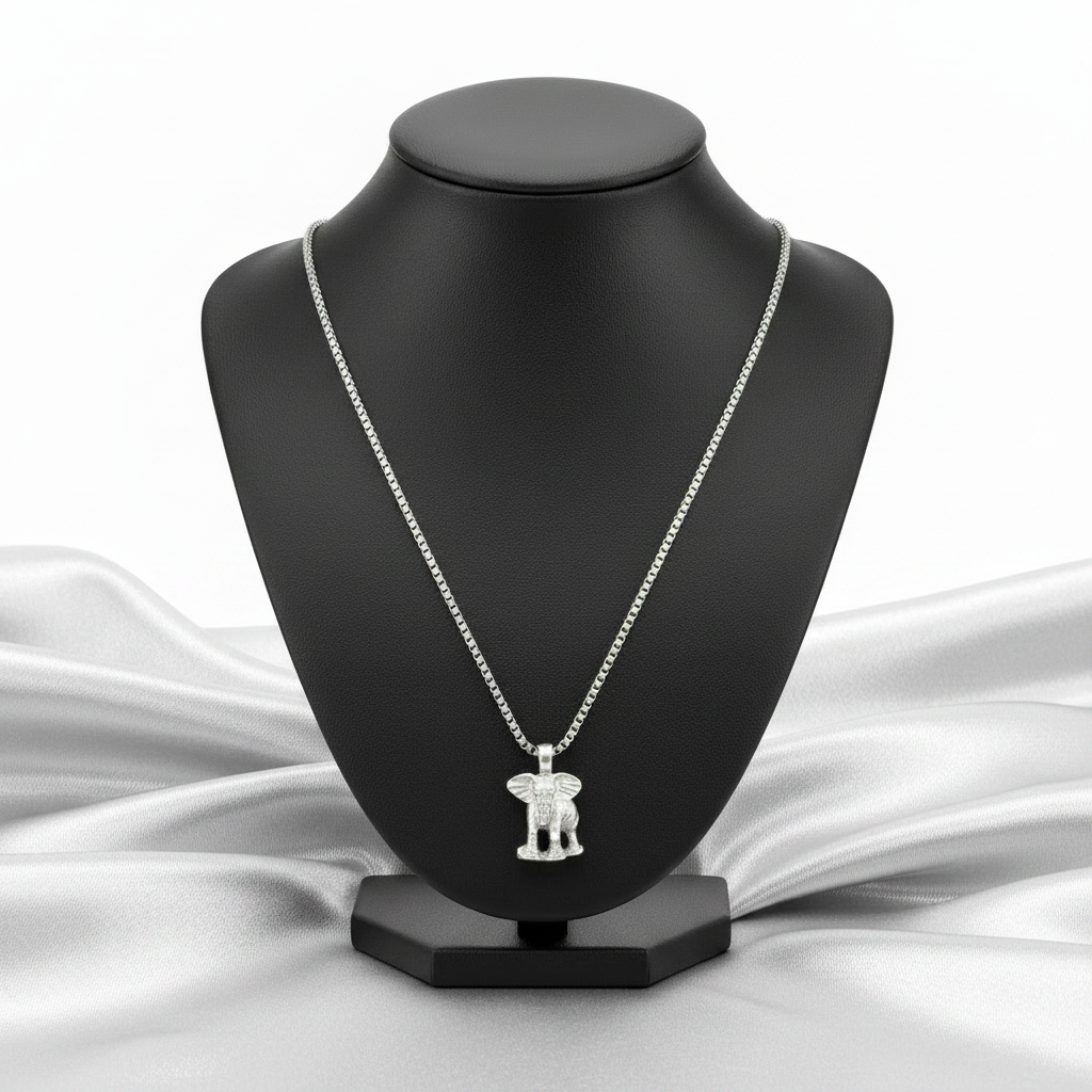 Pewter Elephant Steel Chain Necklace in 316l stainless steel on a black bust.