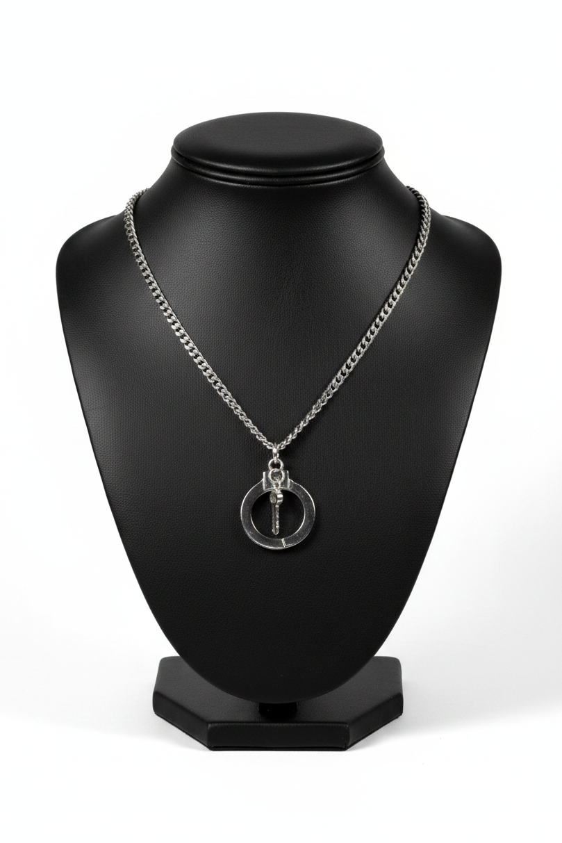 Handcuff and Key Steel Chain Necklace in 316l stainless steel on a black bust with a white background.