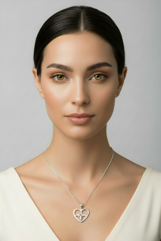 Erratic Heartbeat Steel Chain Necklace in 316l stainless steel on a female model.