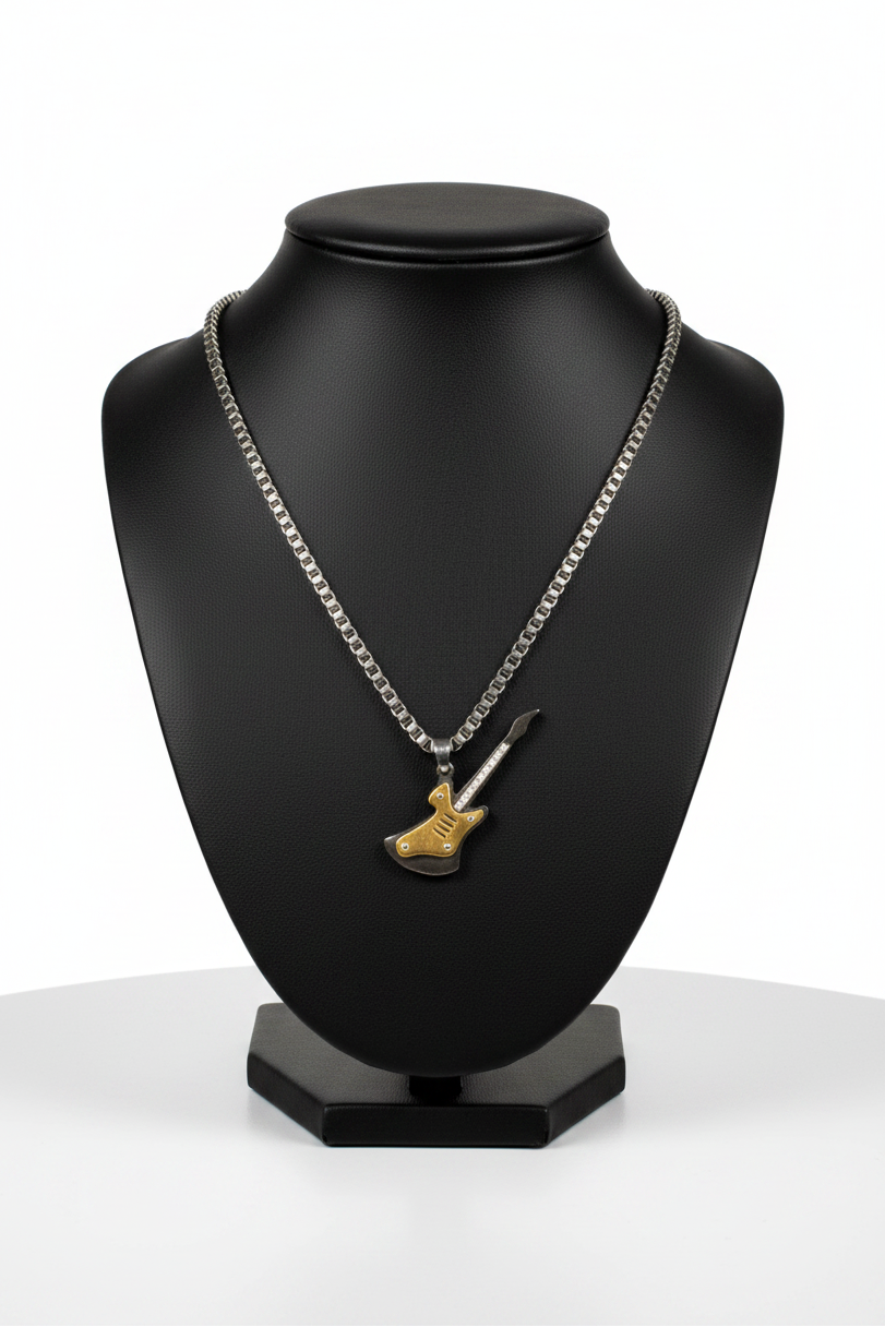 Electric Guitar Steel Chain Necklace in 316l stainless steel on a black bust with a white background.