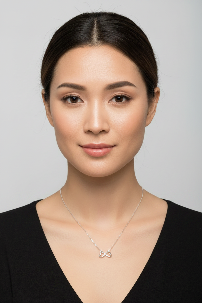 Infinity Hearts Steel Chain Necklace in 316l stainless steel on a female model.